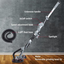 710W Electric Drywall Sander 800-1700RPM Variable Speed Drywall Sander with 6 Sanding Discs, 6.6FT Dust Hose, Wall Sander with Adjustable Extension Rod, LED SpotLight, Carrying Bag