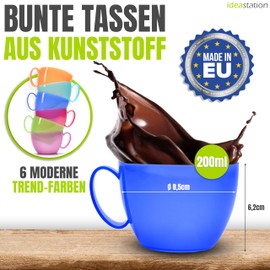 idea-station Plastic Cups Set of 12 – 200 ml – Colourful – Plastic Coffee Cups for Children and Seniors – Shatterproof Coffee Cups Small with Handle