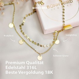BONNYBIRD® Goldkette Damen - Kette mit Plättchen, Kette Gold Plättchen Coins Layering Kette Gold Anhänger
