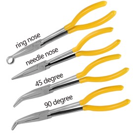 FUNSUEI 4 PCS 16 Inches Long Needle Nose Pliers Set, Long Nose Pliers Set with Non-slip Grip, Long Reach Pliers Set Including 90-Degree Angle, 45-Degree Angle, Straight Needle Nose and Circle Pliers