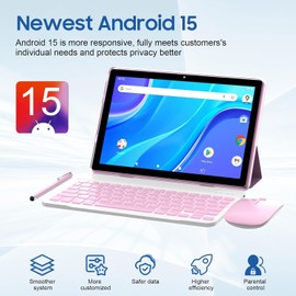 IWEGGO Android 15 Tablet, 10 inch 12GB RAM+64GB ROM/ 1TB Expansion, 1.8Ghz Quad-core Processor, 8MP Camera 6000mAh Battery, 1280*800 HD Touchscreen, 2 in 1 Tablets with Keyboard Case Mouse Stylus Pink