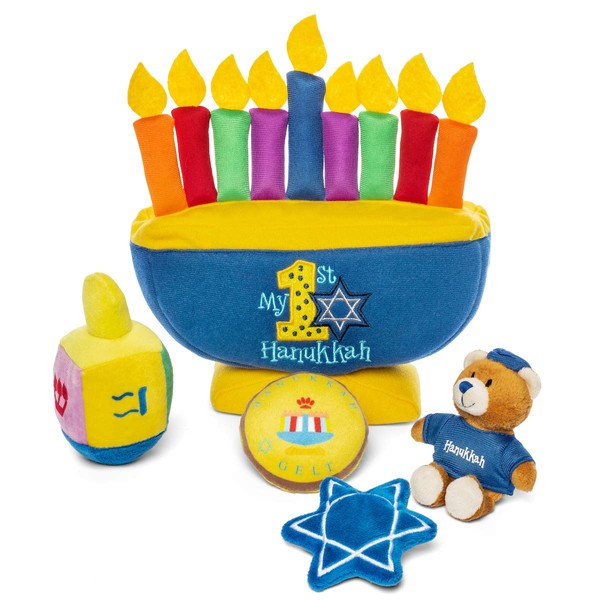 Genius Baby Toys | My Baby's First Hanukkah Playset; 5 Piece Set with Developmental and Sensory Surprise Toys (Dreidel, Star of David, Gelt, Teddy Bear, Menorah)