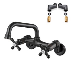 Airuida Oil Rubbed Bronze Wall Mounted Kitchen Faucet 6 Inch(15cm) Spout Reach Wall Mount Laundry Sink Faucet Adjustable Center Double Cross Handles Mixer Tap 360 Rotatable Restaurant Utility Faucet