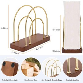 Qiannhee Gold Napkin Holder for Table, Modern Metal Wire Arch Design,Standing Napkin Dispenser,Walnut Brown Wood Base with Non - Slip Pads, Ideal for Kitchen, Dining, Wedding, Party Decorative Use