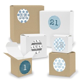 DIY itenga Advent Calendar Set V03 to Fill Yourself 24 x Cubes Mixed White/Brown (Kraft Cardboard) + Sticker (Z05 Blue Tones Nordic Motif)