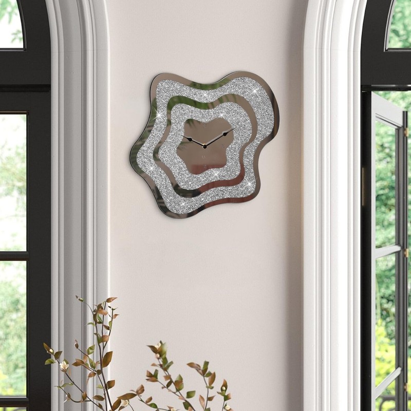 FEUFOAM Wall Clock Silver Irregular Mirror Glass Clocks Cute Crystal