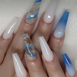 Juneyemo 24pcs Coffin False Nails Gold Foil Press on Nails Crystal Long Square Fake Nails Glitter Ballerina Acrylic Stick on Nails for Women and Girls (D)