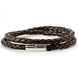 CMJ London Mens Leather Bracelet With Sterling Silver Twist Clasp-5mm Antique Brown Cord-Double Wrapped Bracelet 7-9 Inches