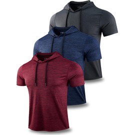 Liberty Pro 3 Pack: Men's Lightweight Short Sleeve Workout Hoodies, Athletic Dry Fit Hooded T Shirts for Gym Running (Set 3, Large)