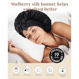 AWAYTR AWAYTR Silk Bonnet for Sleeping Women - 100% Mulberry Silk Bonnet with Band 2 Layer Reversible Hair Bonnet Sleeping Hair Wrap (Black)