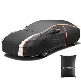 Justech Car Cover Waterproof All Weather, Outdoor Heavy Duty Full Exterior Covers with Reflective Strips, Rain UV Snow Dust Protection Universal Fit for Sedan Length 186 inch - 193 inch, Black