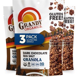 Grandy Organics Dark Chocolate Sea Salt Granola, Certified Organic Granola, Gluten Free, Non-GMO, Certified Kosher, Plant Based Protein, 12oz Each, Pack of 3