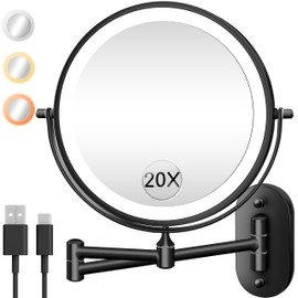 Wall Mounted Makeup Mirror with Light, 20X/1X 8'' Double Sided LED Magnifying Bathroom Lighted Vanity Mirror, 3 Color Touch Dimmable Extended Arm 360 Rotation Light up Mirror with Magnification