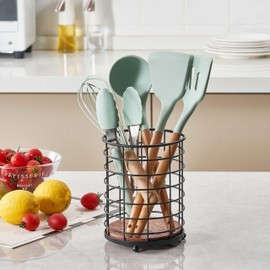 Eden & Willow Rustic Metal Cutlery Holder Basket with Wooden Base for Kitchen Utensils Organisation