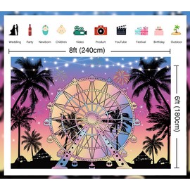 Summer Seaside Ferris Wheel Backdrop 8x6ft Tropical Palm Tree Sunset Photography Background Musical Festival Holidays Party Decoration Banner Studio Props (96''x72'')