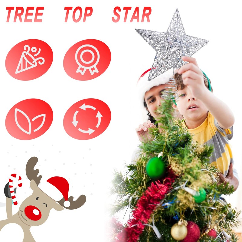 KEYIDO® Silver Star Christmas Tree Topper, 8 Inch Metal Silver