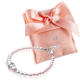 Delicate Baptism Pearl Bracelet for Girls, Sterling Silver Cross Charm Baptism Gifts for Girl Embellished with High-end Pink Simulated European Pearls, Girls Jewelry