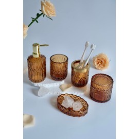 LaMarriti Glass Bathroom Accessories Set, 5Pcs Amber Brown Bathroom Accessories, Hand Soap Dispenser, Soap Dish, Toothbrush Holder Set, Vintage Bathroom Decor, Thanksgiving Gift Set