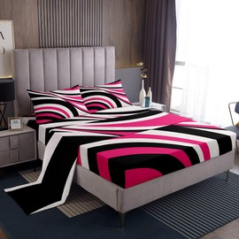 Feelyou Rose Pink Black White Sheet Set for Kids Boys Girls Stripes Sheets with Deep Pocket Fitted Sheet Full Size Geometric Bed Sheets Set Bedroom Decor Modern Art Abstract Art 4Pcs