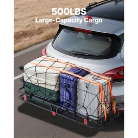 Happybuy 53" x 19" x 5" Hitch Cargo Carrier - 500 lbs Capacity. Comes with Hitch Stabilizer, Ratchet Straps & Cargo Net with Hook. A Folding Hitch - Mount Carrier Ideal for SUVs