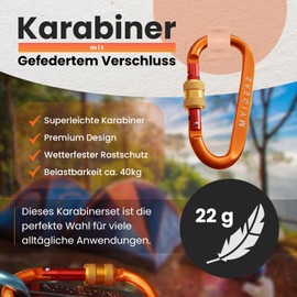 MyIdeaz Carabiner with spring-loaded gate, D shape carabiner set, 80 mm large snap hook made of high-quality premium aluminium for camping, hiking, 8cm