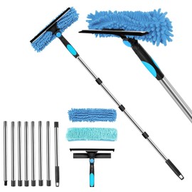2in1 窓ガラス 掃除 10個 エクステンション 高所掃除ブラシ 窓掃除道具 長さ約4m 高所 窓掃除 水切りワイパー 窓掃除 ワイパー マイクロファイバー付き 伸縮可能 高所掃除 外壁 ガラス