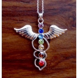 Fashion Jewelry large ANGEL WING CRYSTAL REIKI CHAKRA CADUCEUS pendant 24" Sterling Silver 925