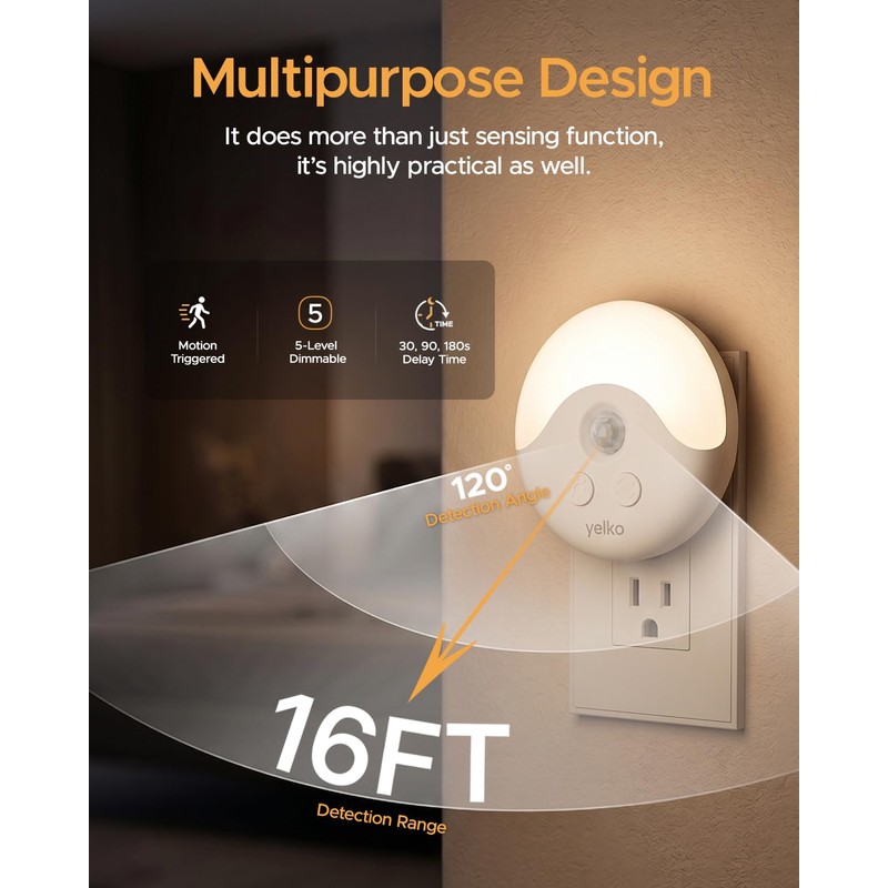 YELKO Plug-in Motion Sensor Night Light with Dusk to Dawn