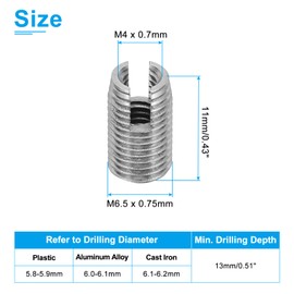 PATIKIL Selbstschneidende Gewindeeinsätze, 40 Stück M4 x M6,5 x 11mm 303 Edelstahl Gewindeadapter Reduzierer Schlitzschraube Reparatur Einsätze Muttern Hülse