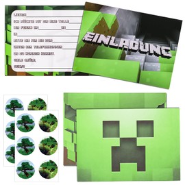 Dncvb Gaming Invitation Cards, Set of 12 Pixel Invitation Cards for Children's Birthday Parties for Boys and Girls Including 12 Envelopes and 12 Stickers, German Miner Invitation Cards for Children's