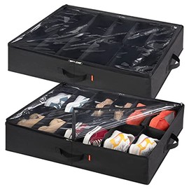Lifewit Under Bed Shoe Storage Organizer Set of 2, Foldable Fabric Shoes Container Box with Clear Cover See Through Window Storage Bag with 2 Handles Total Fits 24 Pairs of Shoes, Black