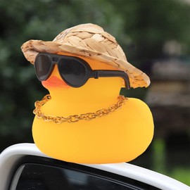 wonuu Car Rubber Duck, Yellow Duck Decoration Dashboard with Sun Hat Swim Ring Necklace Sunglasses for Car Dashboard Decorations