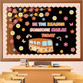 Spring Flower Bulletin Board Set Spring Boho Floral Classroom Decorations Retro Groovy Hippie Daisy Flowers Cutouts Home Library Window Wall Party Decor for Teacher(Be The Reason Someone Smiles Today)
