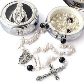HanlinCC 6mm Glass Pearl Beads with 8mm Our Father Beads with Caps Rosary Necklace Pack in Miraculous Metal Gift Box (White Rosary with Miraculous Gift Box)