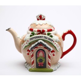 Fine Ceramic Hand Painted Christmas Peppermint Candy Cane Tea Shop Gingerbread House Teapot, 8-7/8" L