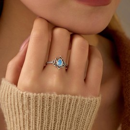 LOVECOM Lotus Ring for Women Teen Girls 925 Sterling Silver Lotus Flower Promise Rings Cubic Zirconia Begin Again My Trauma Inspirational Wedding Band Ring Jewelry Birthday Gifts for Her (Blue, 8)