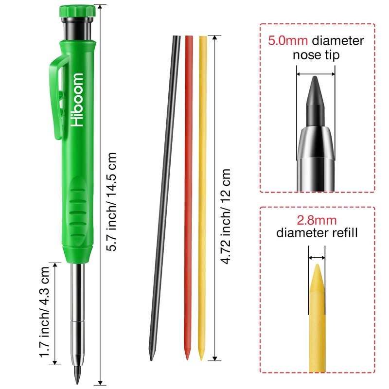 Hiboom 3 Pack Solid Carpenter Pencil with 21 Refill, Long