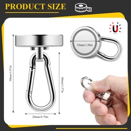 Teokantz Pack of 4 Magnetic Hooks Diameter 32 mm Extra Strong, Neodymium Magnetic Hook, Load Capacity 36 kg/79 lbs, 360° Rotating Magnetic Hook, Silver