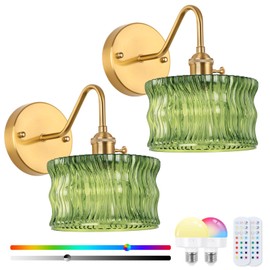Rnzziw Vintage Battery Operated Wall Sconce Set of 2, Wireless Wall Sconces with Green Ripple Glass Lampshade Rechargeable,Wall Lights with 12 Colors RGB for Bedroom, Living Room (Green Ripple)