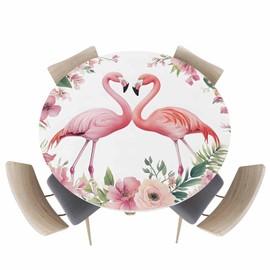 JKDXAL VINW Round Fitted Tablecloth with Elastic Edge, Tropical Pink Flamingo Couple Waterproof Oil Proof Table Cover, Summer Watercolor Floral Indoor Outdoor Table Cloth Fits 36"x44" Round Table