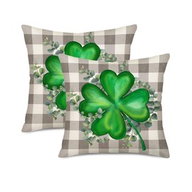 Fukeen St. Patrick's Day Green Clover Throw Pillow Covers Set of 2 24x24 Inch Grey Buffalo Plaid Lucky Shamrock Pillow Cases Cotton Linen Spring Leaves Farmhouse Home Decor Couch Cushion Cover