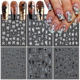 6 Sheets Flowers Nail Stickers 3D Self Adhesive Nails Decals Design Black White Flowers Bows Nail Decals for Women Girls DIY Manicure Decoration Flowers Nail Art Stickers Supply