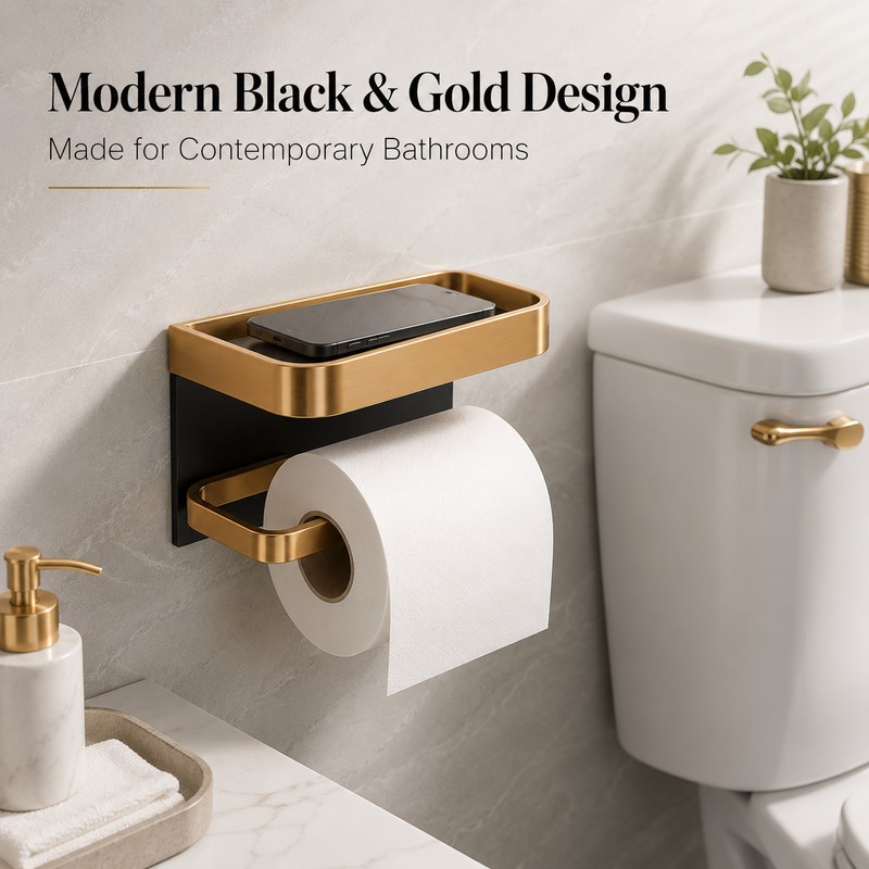 Aluminum Toilet Paper Holder with Shelf – No-Drill Black Gold