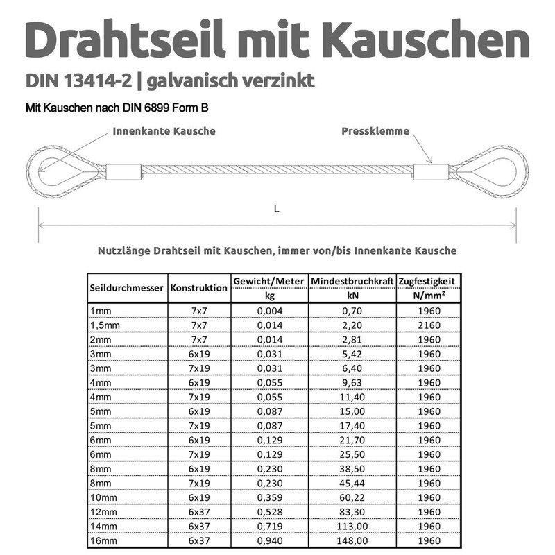 Drahtseile24 Wire rope with thimbles, steel cable with thimbles, stop