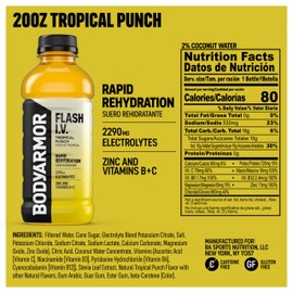 BODYARMOR Flash I.V. Electrolyte Beverage, Tropical Punch, Hydration Drink with Coconut Water For Rapid Rehydration, Post Workout Recovery, 20 Fl Oz (Pack of 12)