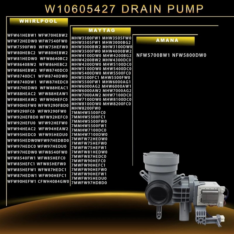 WPW10605427 Washer Water Pump For Whirlpool WFW9290FC0 WFW86HEBW2 WFW61HEBW1