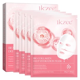 Organic Collagen Mask, Pack of 4, Moisturising Face Mask, Collagen Mask Overnight, Brightening, Soothing, Anti-Ageing, Hydrating Face Masks for All Skin