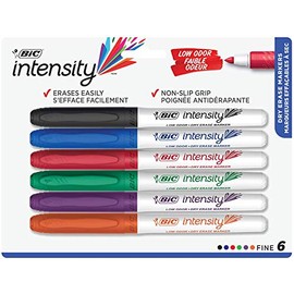 BIC Intensity Low odour Dry Erase Markers, Fine Tip, Assorted Colours, 6-Count Pack of Erasable Markers With Low-odour Ink for a Pleasant Writing Experience