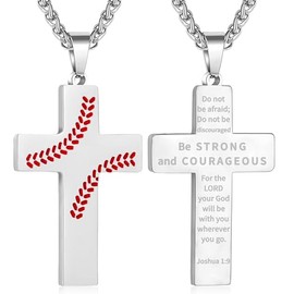 Eulinviak Stainless Steel Baseball Cross Pendant Necklace for Men, Bible Verse Pendant Necklace 24Inches Chain Religious Communion Confirmation Baptism Jewelry (Silver)