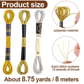 Isslly 3 Skeins Metallic Embroidery Floss, Glitter Embroidery Thread String, Polyester Cross-Stitch Threads for Hand Embroidery, String Art, DIY Bracelet- Gold & Silver & Yellow